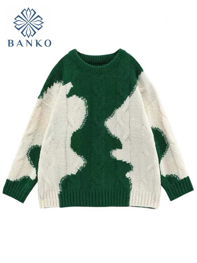 Print Knitted Sweater Women Elegant Green Ripple Oversized Pullovers Women Spring Autumn Long Sweaters Streetwear Sueter Mujer