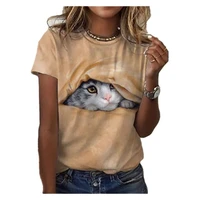 novedad de verano 2022 camiseta con pintura de gato en 3d ilustraci%c3%b3n de gato femenino estampado 3d de cuello redondo top re