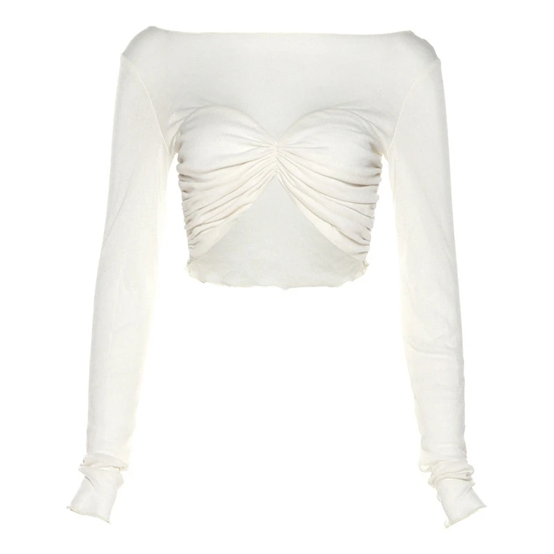 

Облегающая футболка с длинным рукавом, Однотонная футболка в стиле Харадзюку с круглым вырезом, Женский облегающий кроп-топ с рюшами на гру...