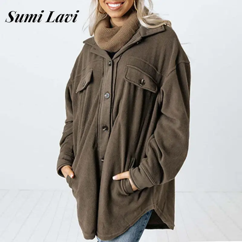 

New Autumn Winter Solid Color Women Coat Casual Turndown Loose Pockets Jacket Ladies Fashion Single-breasted Overcoat Streetwear