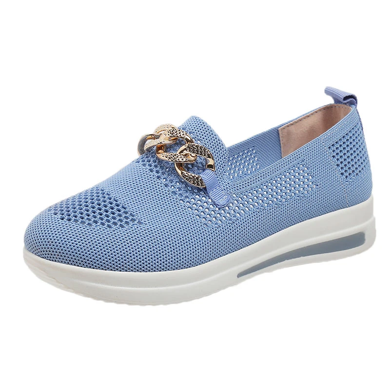 Spring Summer New Fashion Women's Casual Vulcanized Sports Knitting Sneakers Flat Soft Soled Hollow Out Chain Shoes Plus Size 43