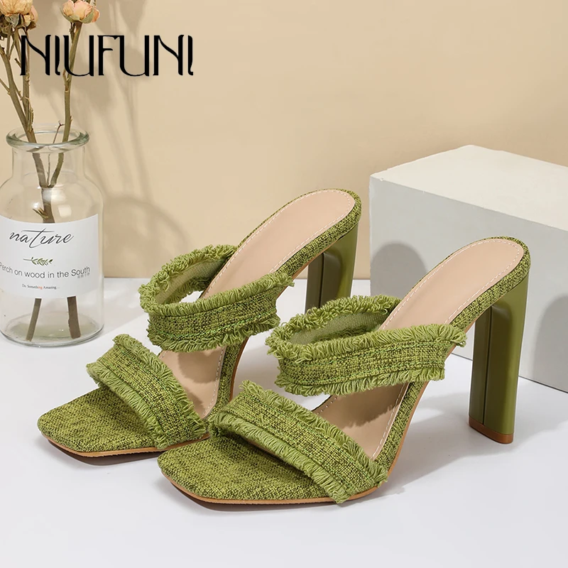 

Square Toe Denim Fringed Thick Heel Women's Slippers Hollow Solid Color Slip On Slides Summer Ladies Shoes Outdoor Muller Shoes