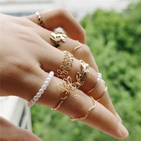 wukalo 10pcsset bohemian gold color leaves flower kunckle midi ring set for women pearl geometric jewelry gifts