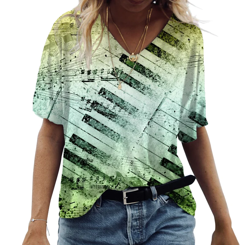 

Short Sleeve V-Neck Casual Women T-Shirts Summer Loose Comfortable Oversized Tops Musical Note 3D Print Streetwear Ladies Tees