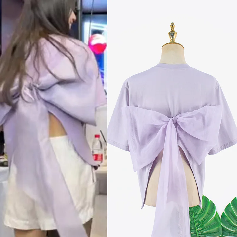 

Женская футболка с открытой спиной, круглым вырезом и рукавом до локтя