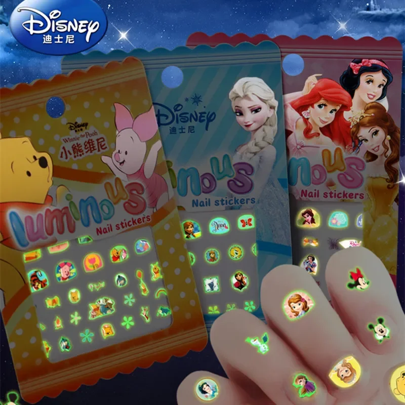 

5pcs Disney Princess Luminous Nail Stickers Frozen Sophia Minnie Mouse Wiinie The Pooh Glow in Dark Nail Stickers for Girl Gift