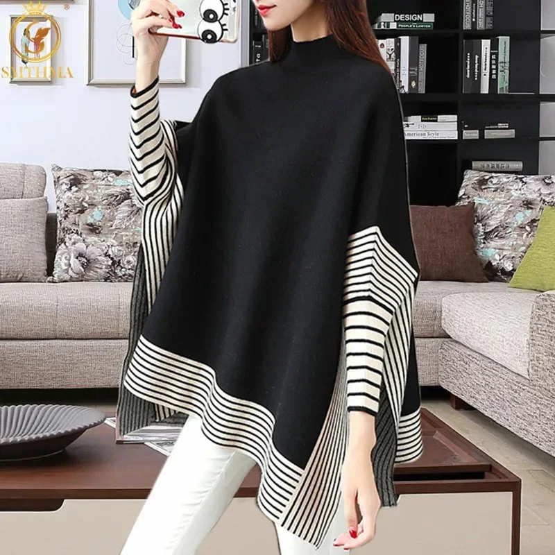 

New Autumn And Winter Women Sweaters Poncho Knitting Capes Cloak Female Sweater Turtleneck Stripe Loose Knitted Pullovers