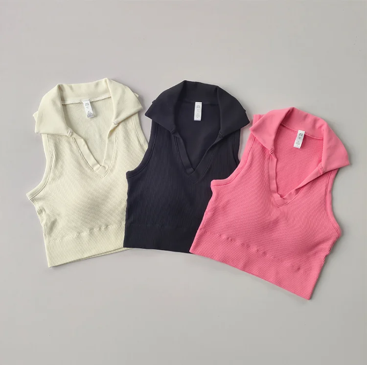 

Short Vest with Padded Underwear Lapel Fitness Yoga Suit Sleeveless Open Navel Bottomed Fitness Top for Summer Wear Clothing