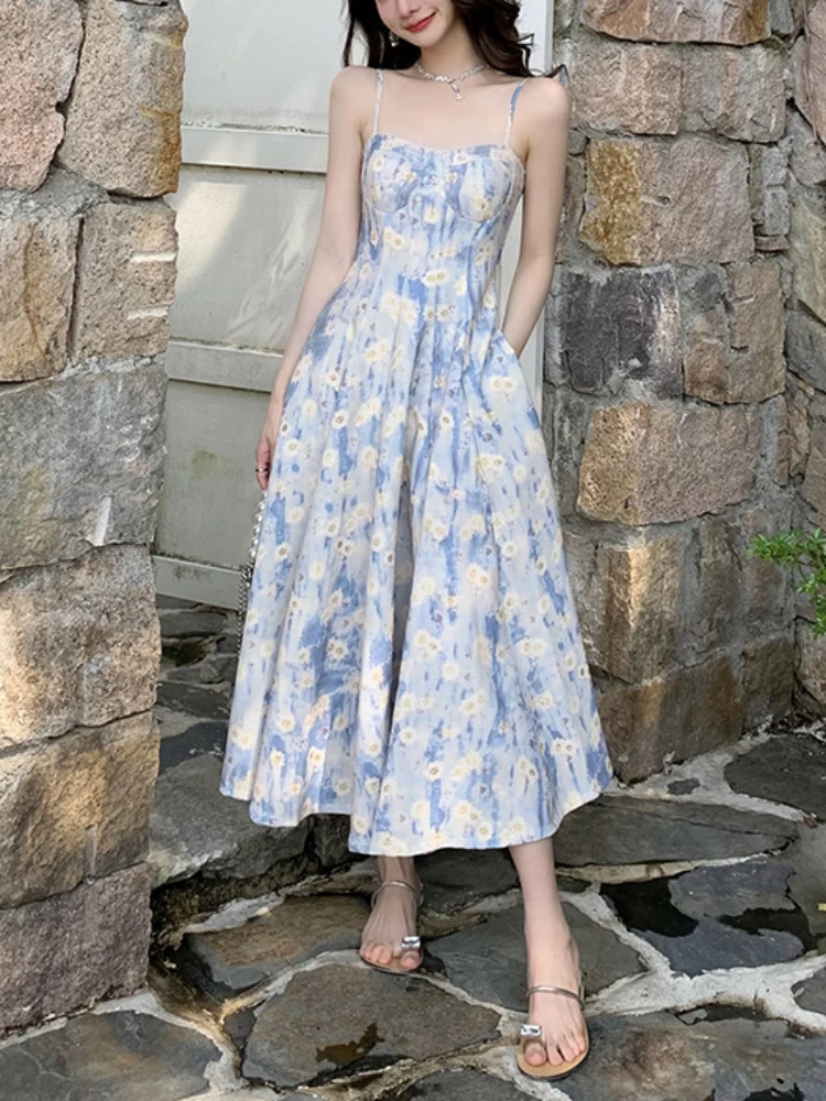 

2023 Summer New In French Style Floral Long Dress Niche Design Print Spaghetti Strap Slash Neck Mid-Calf Vocation Wear Beach