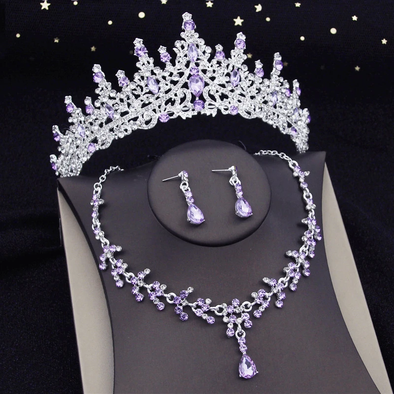 Violet Crystal Bridal Jewelry Sets Bride Tiara Crown Earring Set Necklace for Women Birthday Party Wedding Dress jewelry Sets