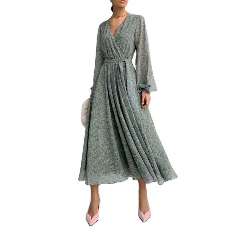 Tangada 2022 French Style Women Green Dots Print Shirt Dress with Slash Vintage Long Sleeve Office Ladies Maxi Dress 5X62