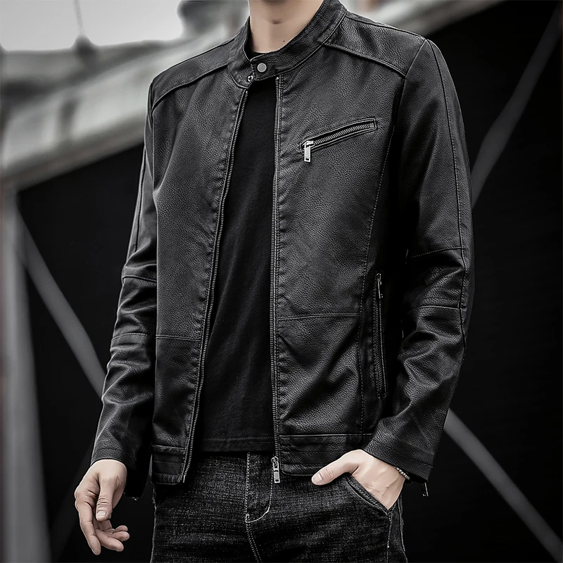

Куртка мужская кожаная мотоциклетная с воротником-стойкой, модная облегающая верхняя одежда из искусственной замши, Байкерская уличная одежда, осень-зима
