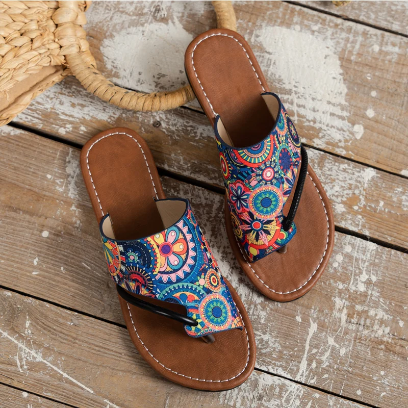Ethnic Print Thong Sandals Woman Stylish Sunflower Flip Flops Ladies Summer Outdoor Casual Flat Open Toe Mule Shoes Plus Size