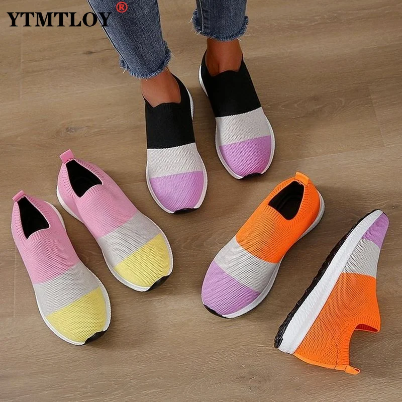 

Women Vulcanized Shoes Sneakers 2021 Summer Ladies Trainers Knitted Sock Shoes Female Slip-on Flats Shoes Zapatos De Mujer
