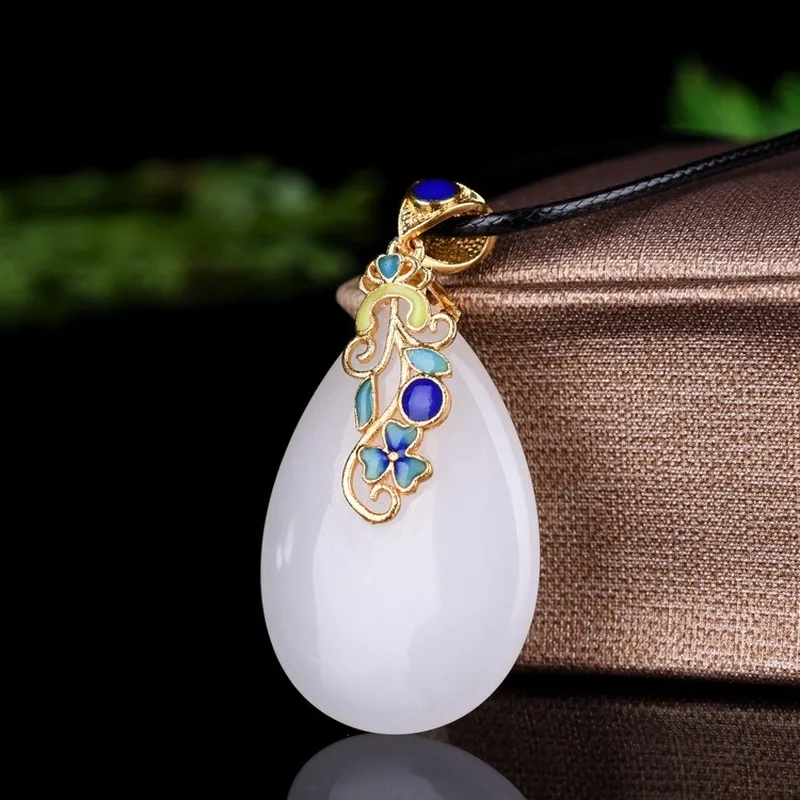 

Natural Chinese White Jade Hand-carved Dripping Jade Pendant Fashion Jewelry Men and Women Cloisonne Silver Inlaid Nelace