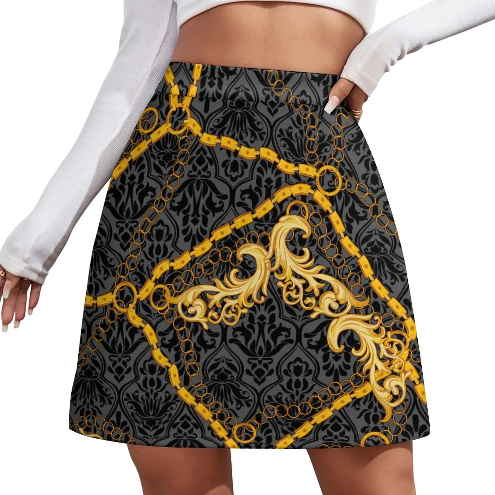

Юбка женская трапециевидная с высокой талией, Милая Мини-юбка с винтажным принтом в Корейском стиле, повседневная с графическим принтом, в стиле оверсайз, с золотой цепочкой, весна
