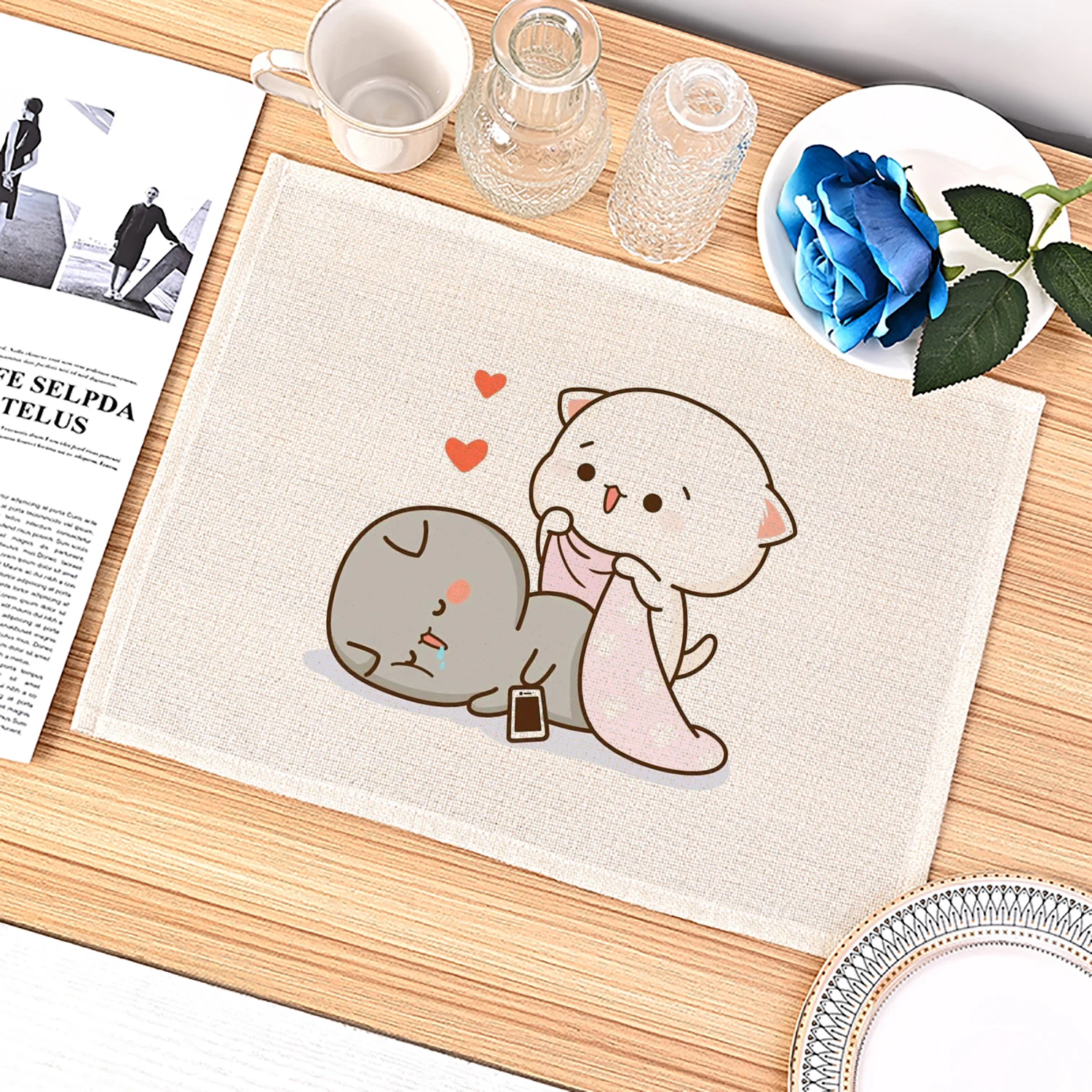 Peach and Goma Cartoon Funny Cute Placemats Kitchen Placemats Mocha Mochi Peach Cat Coasters Linen Mats Coffee Cups Table Mats
