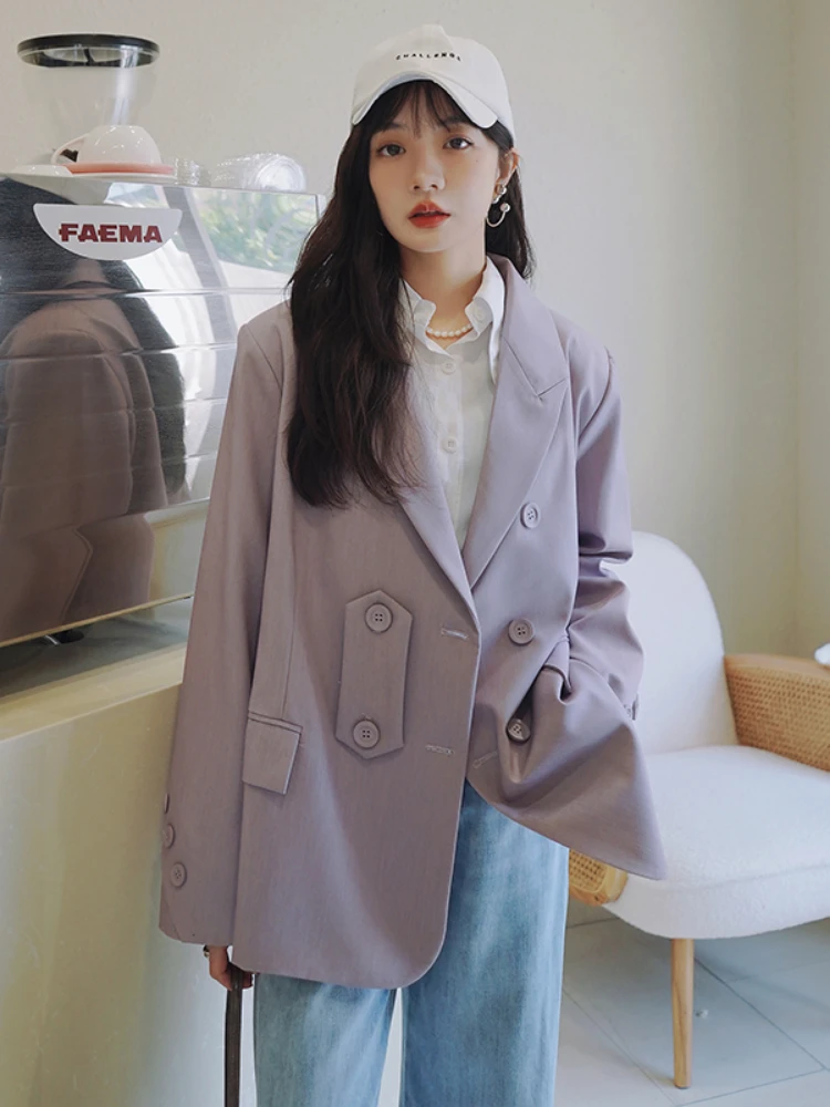 

Elegant Korean Style Double Breasted Purple Blazer Jacket Women Fashion Casual Slim Suit Coat Outerwear Lady 2022 Spring 6060