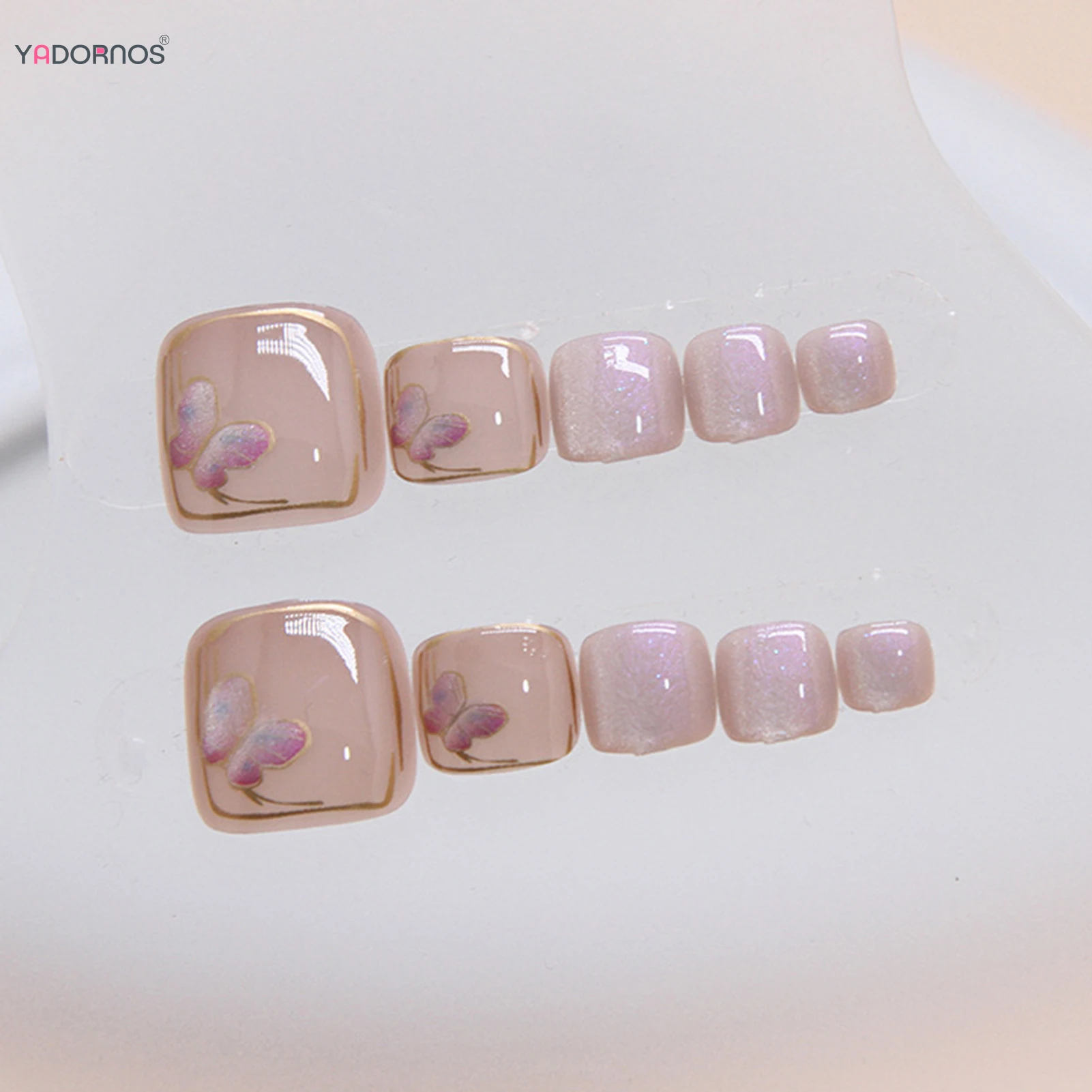 Накладные ногти телесного цвета глянцевые короткие накладные с принтом бабочки