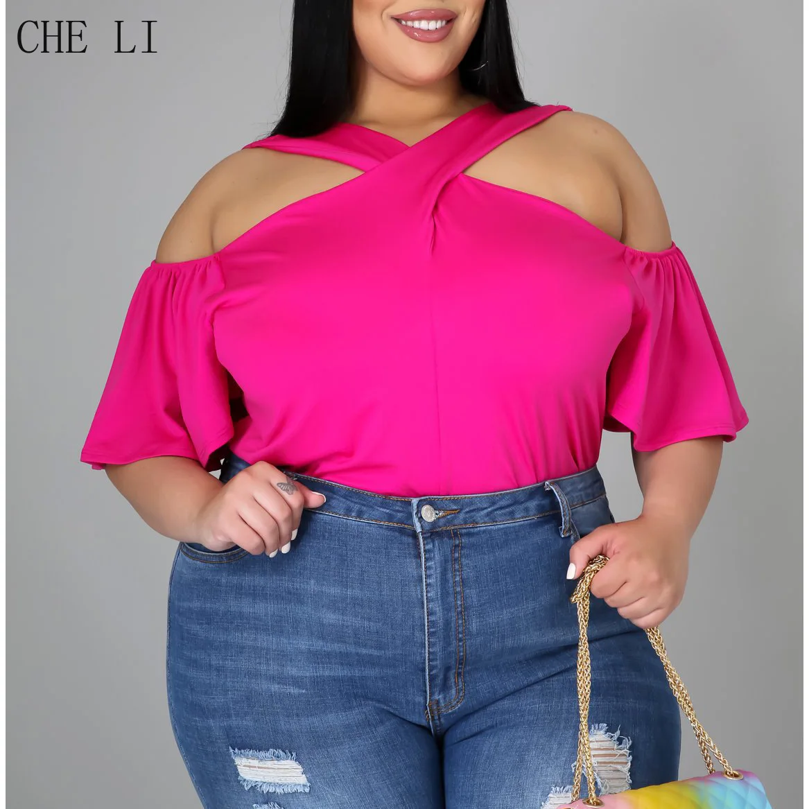 2022 New Casual Plus Size Women's Cross-neck Sexy Off-the-shoulder Solid Color Comfortable Loose Short-sleeved T-shirt Female
