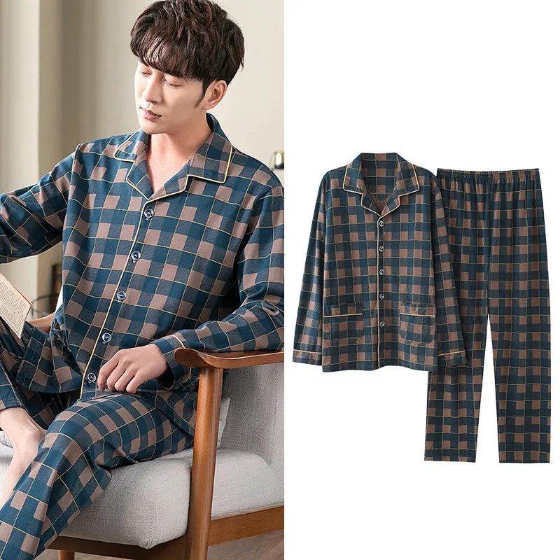 Fdfklak L-4XL Pijama Hombre Plus Size Cotton Sleepwear Pajama Set Plaid Long Sleeve Trousers Suit Spring Fall Men's Home Clothes