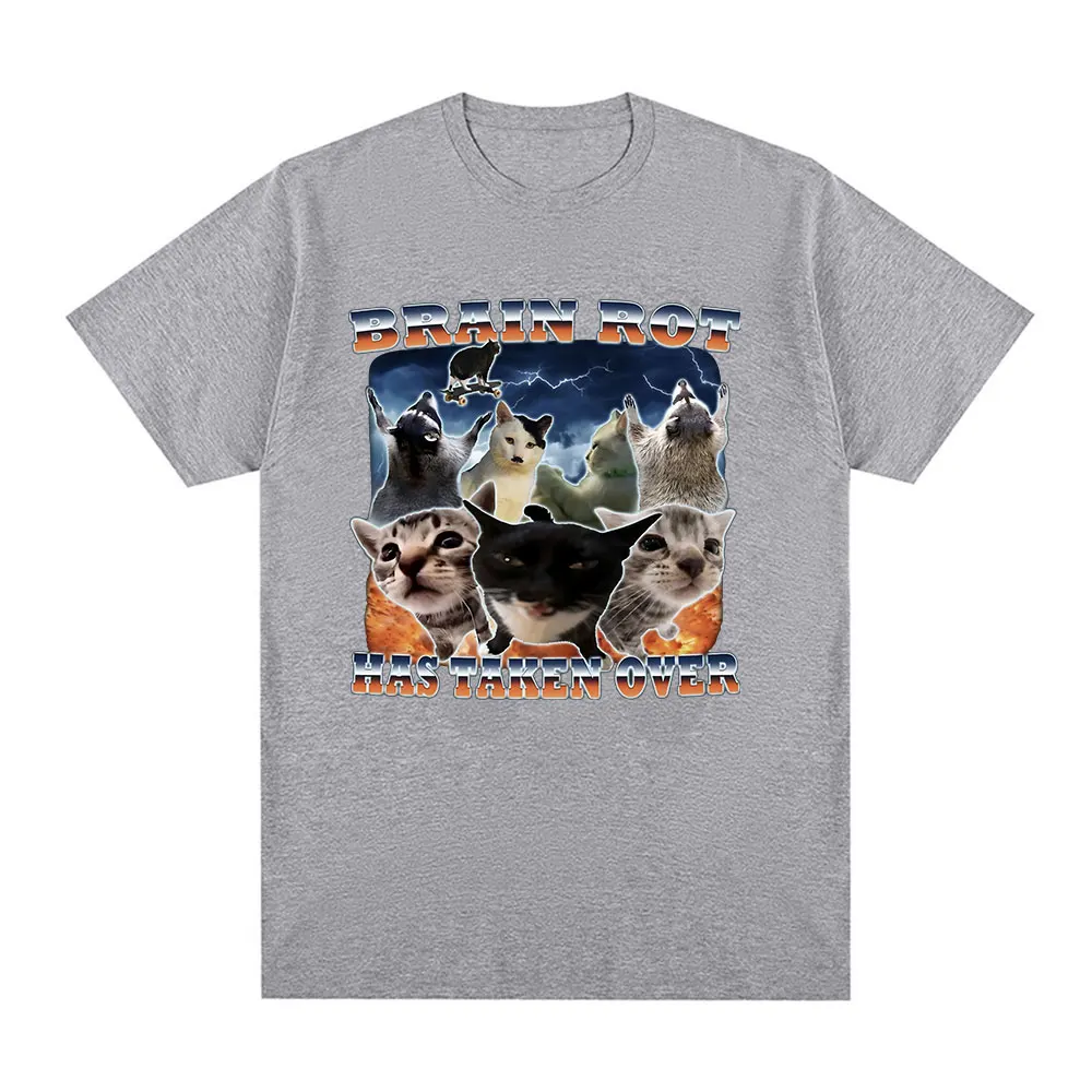 Brain Rot Has Taken Over Funny Cat Meme Graphic T-shirts Mens Harajuku Fashion Oversized T Shirt Cotton Short Sleeve T-shirt Top