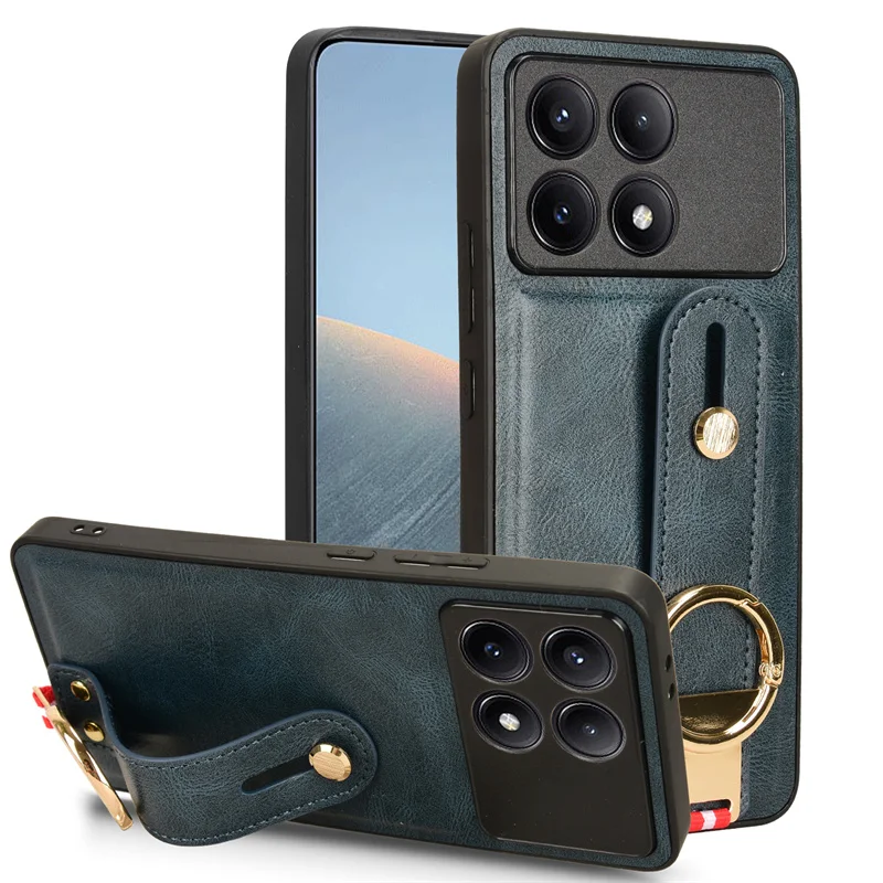 Противоударный деловой кожаный чехол для Xiaomi Poco X6 Pro с ремешком на руку Redmi K70E k70e