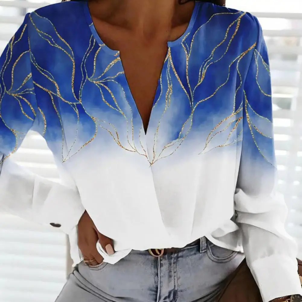 

Женская рубашка с длинным рукавом, V-образным вырезом и цветочным принтом