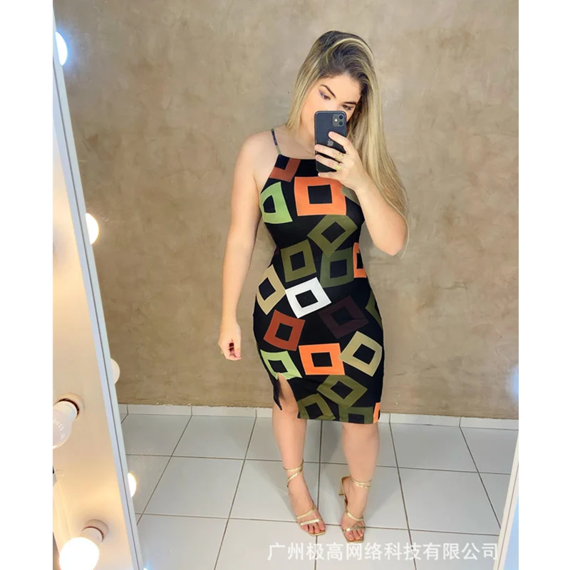 

Women Sexy Geometry Print Bodycon Dress Women Elegant Fashion Sleeveless Strap High Waist Slit Slim Fit Bohemian Vacation Dress