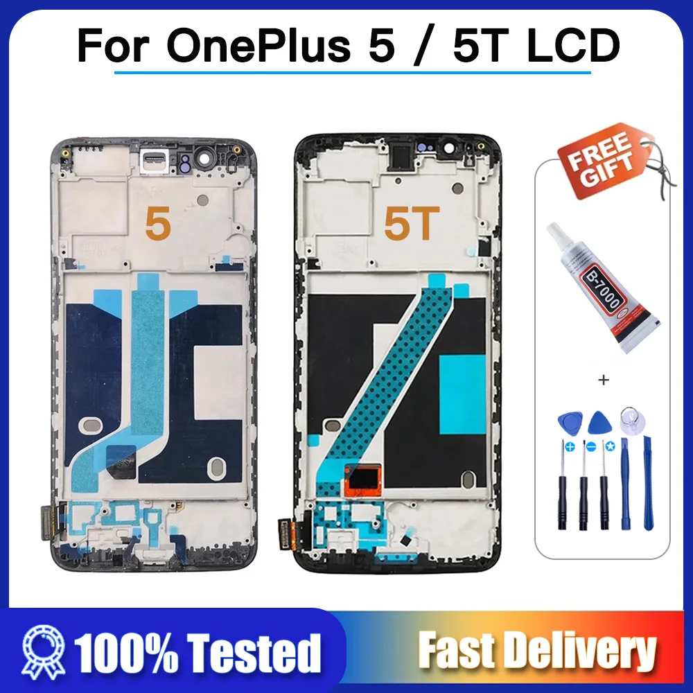 100% Tested OLED LCD For Oneplus 5T A5010 5 A5000 LCD Display + Touch Screen Digitizer Assembly for One Plus 5 T Display + Glue