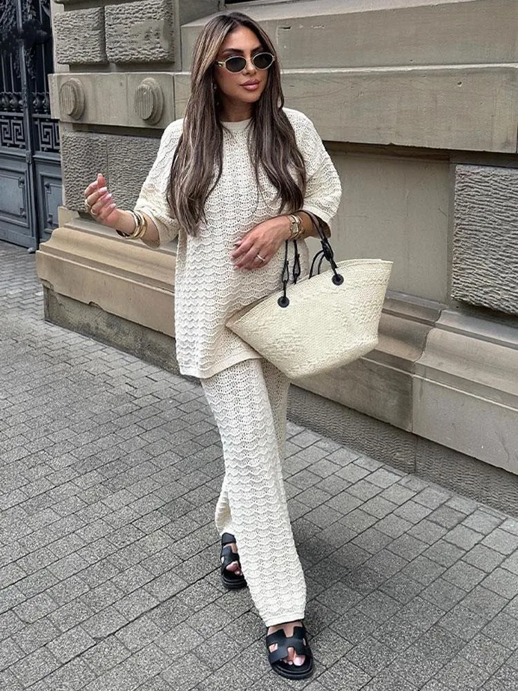 

Women Chic Crochet Hook Knitted 2 Piece Set Casual O Neck Short Sleeved Shirt Loose Pants Suit 2023 Autumn Lady Fashion Outfit
