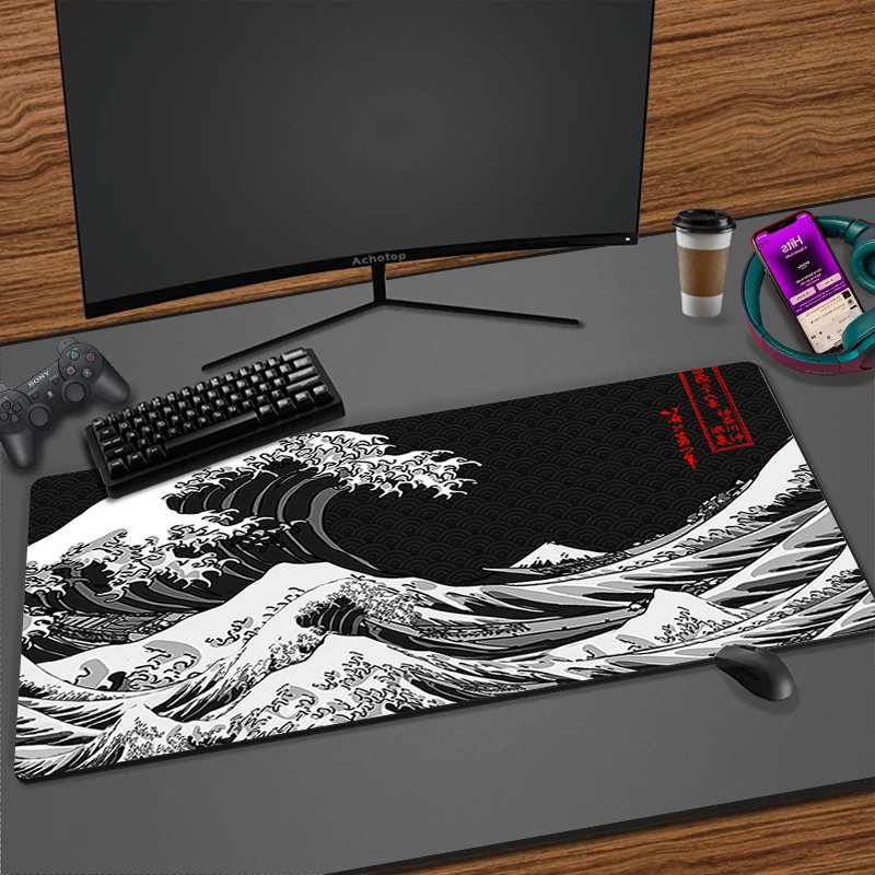 Mouse Pad Sea wave Black and White Deskmat Playmat Laptop Japan Anime Gaming Keyboard Rubber Pad Pad The Table Mouse Mat Pc Rug