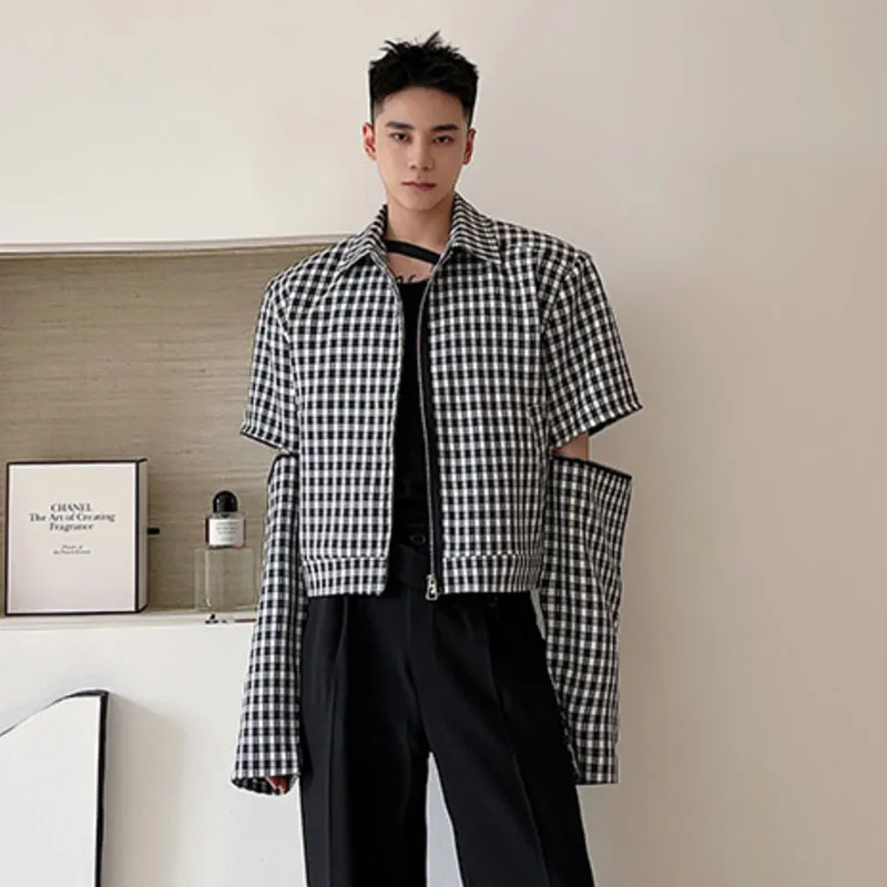 Повседневная короткая клетчатая куртка со съемными длинными рукавами для мужчин