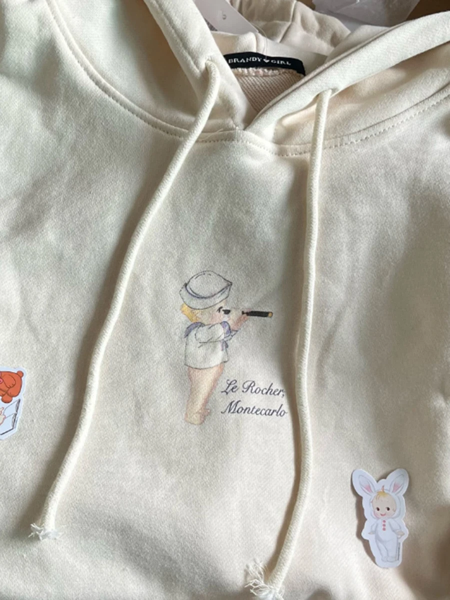 Толстовка с капюшоном мультяшным принтом ангела Осенние милые бежевые хлопковые