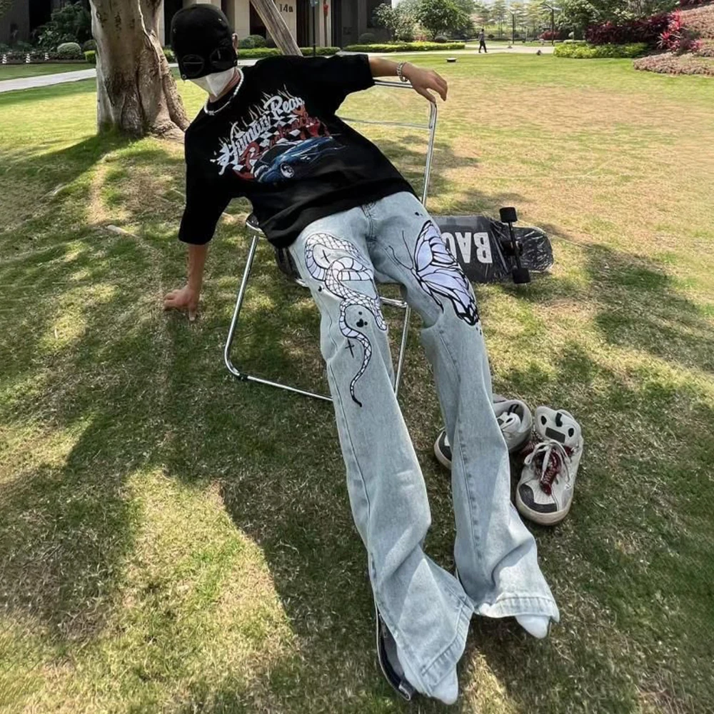 Men Street Hiphop Y2K Embroidery Snake Butterfly  Zipper Jeans Men Women Personality High Street Luxury
