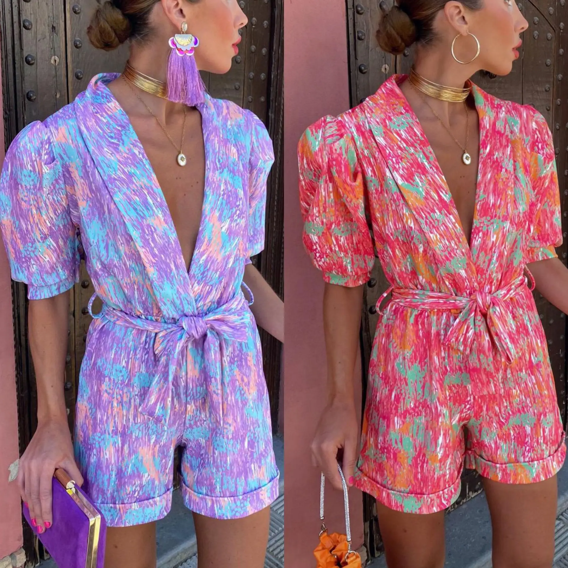 

Womens Sexy Summer Outfits Deep V-neck Laced Jumpsuit Trendy Tie Dye Print Short Sleeves Playsuits Fashion Female Rompers