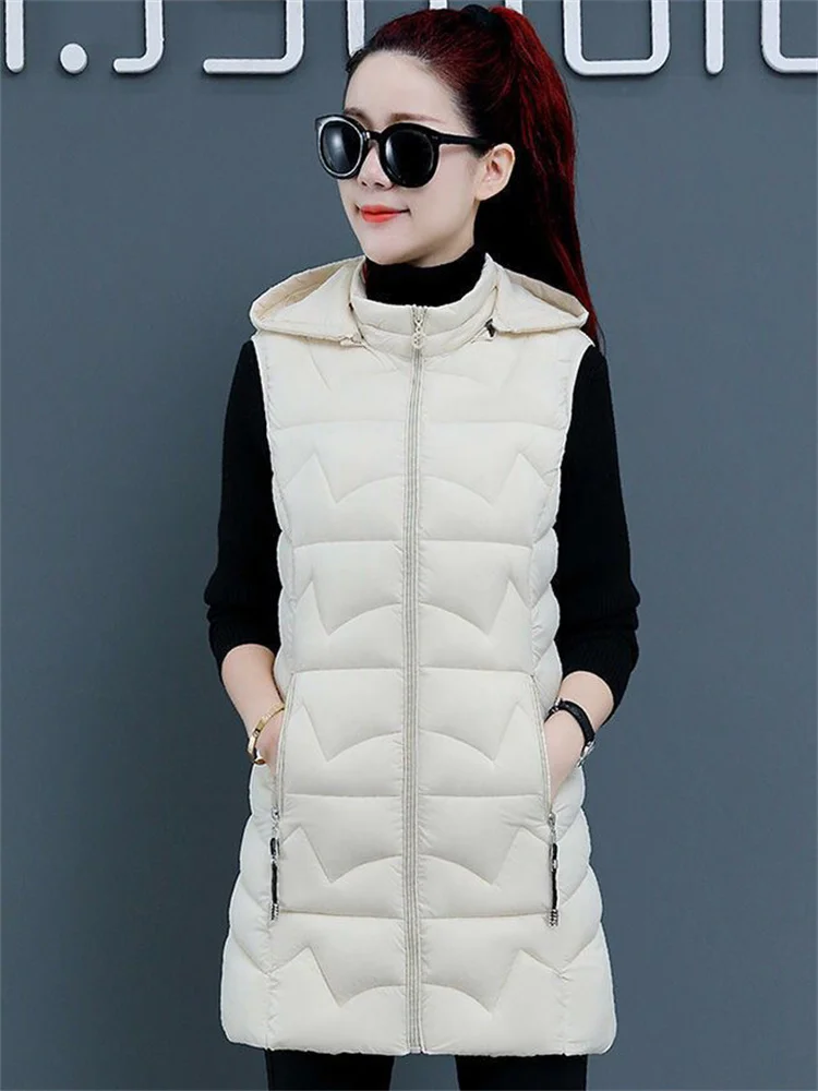 

Beige Cotton Waistcoat Women XL-6XL Sleeveless Detachable Hooded Vests 2022 Spring Autumn New Fashion Warmth Long Slim Waistcoat
