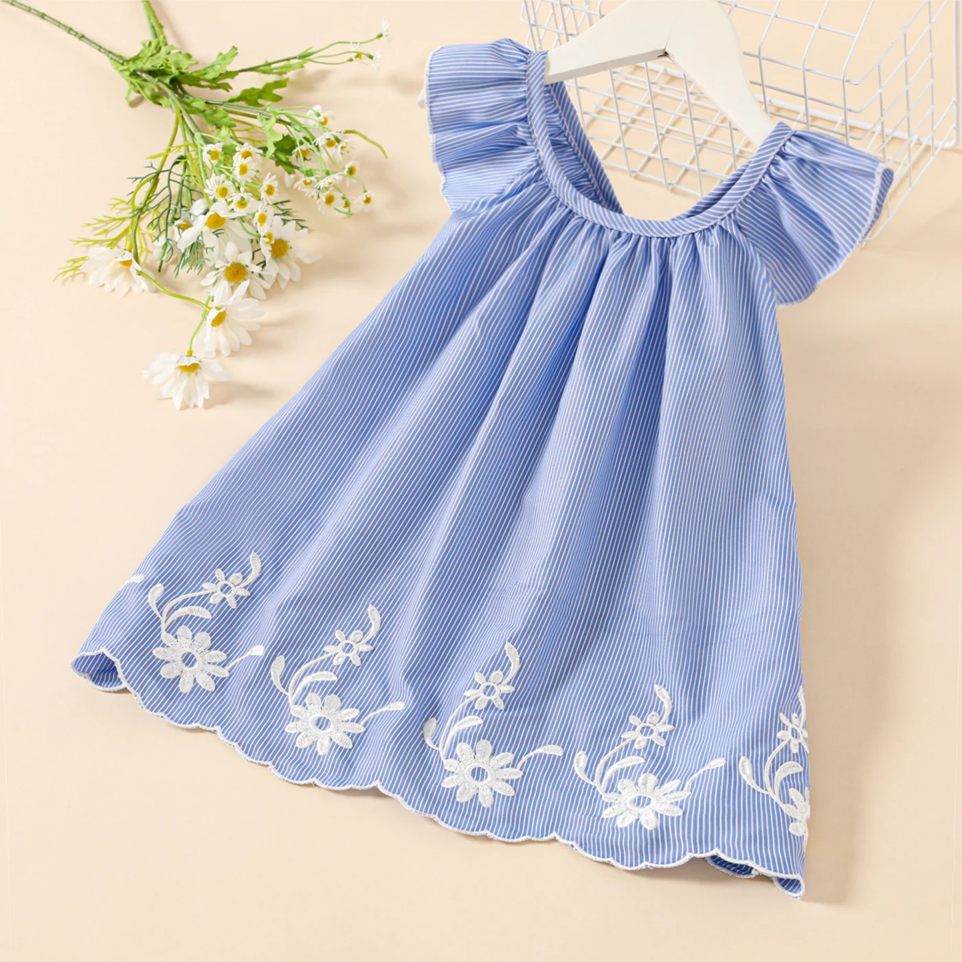 

PatPat Toddler Girl Floral Embroidered Blue Stripe Dress