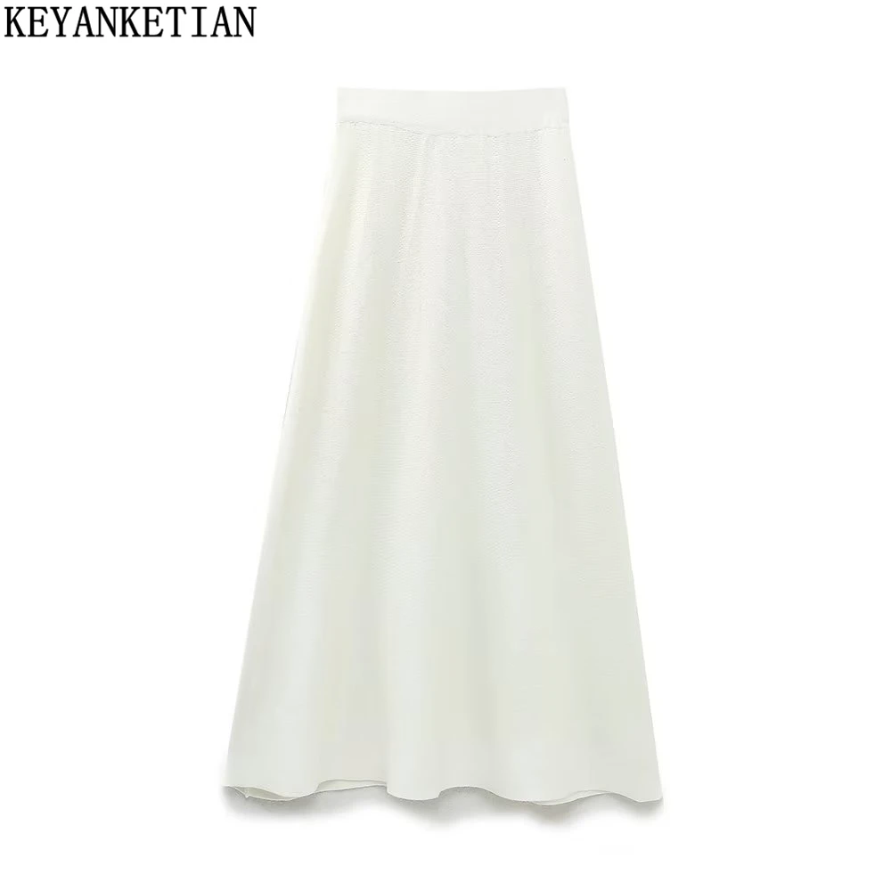 

KEYANKETIAN women's high waist elastic knit skirt winter new French basic vertical ivory white long A-line MIDI skirt