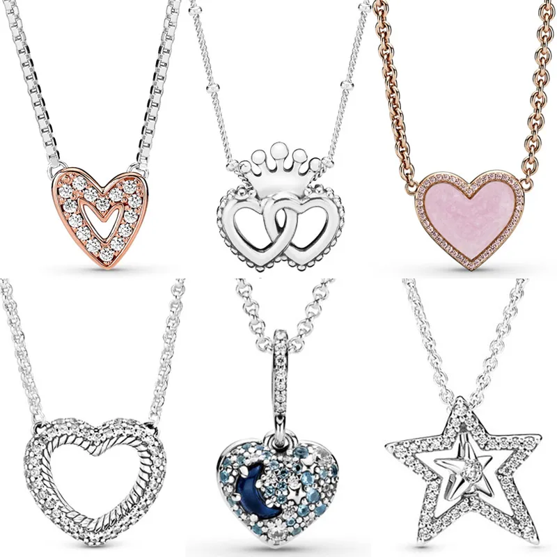 

Sparkling Freehand Heart Blue Moon & Asymmetric Star Regal Crown Necklace For Fashion 925 Sterling Silver Bead Charm DIY