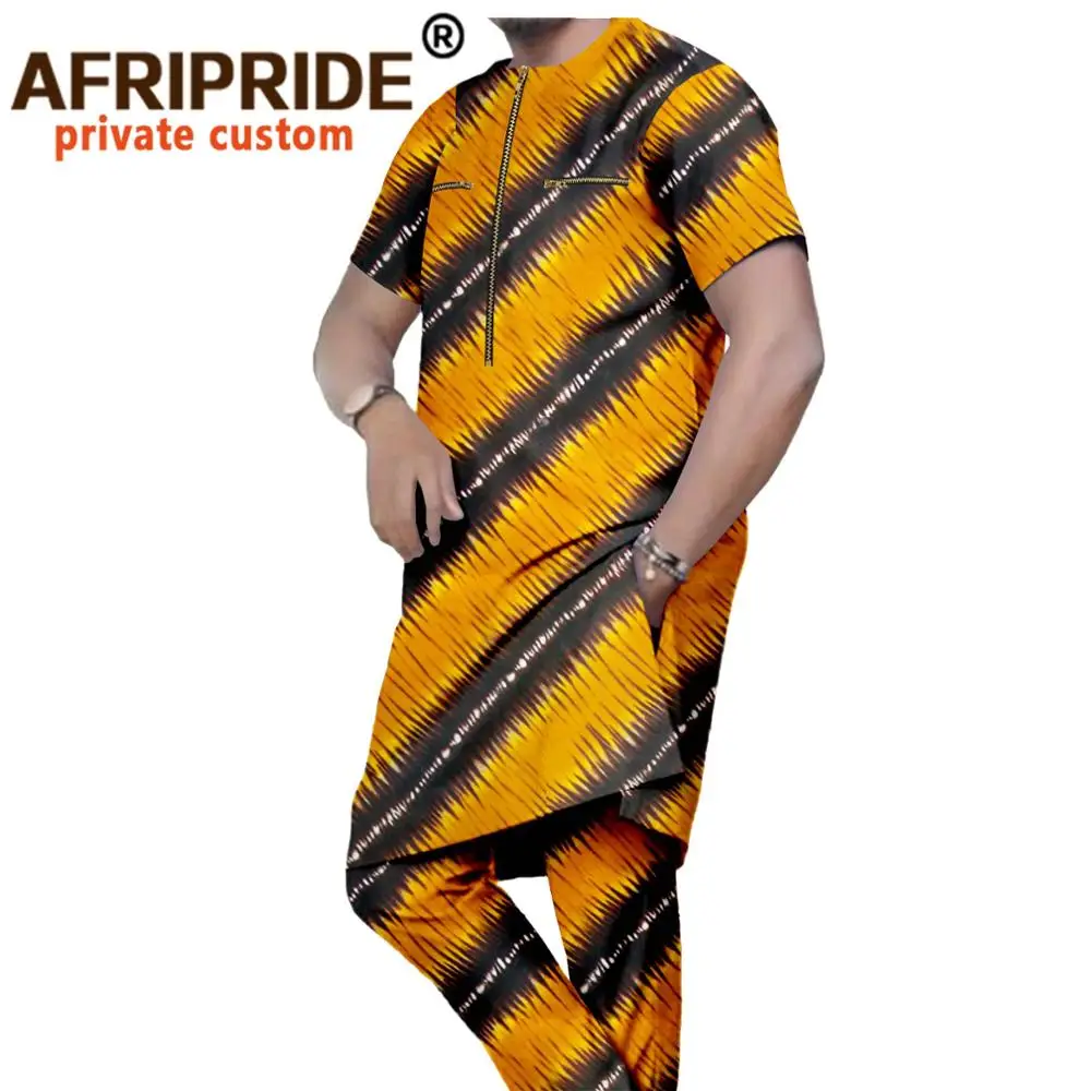 

Afripride Pants Suit for Men Tailor Made Short Sleeves Long Top+Full Length Pants Men's Casual Set A2016008