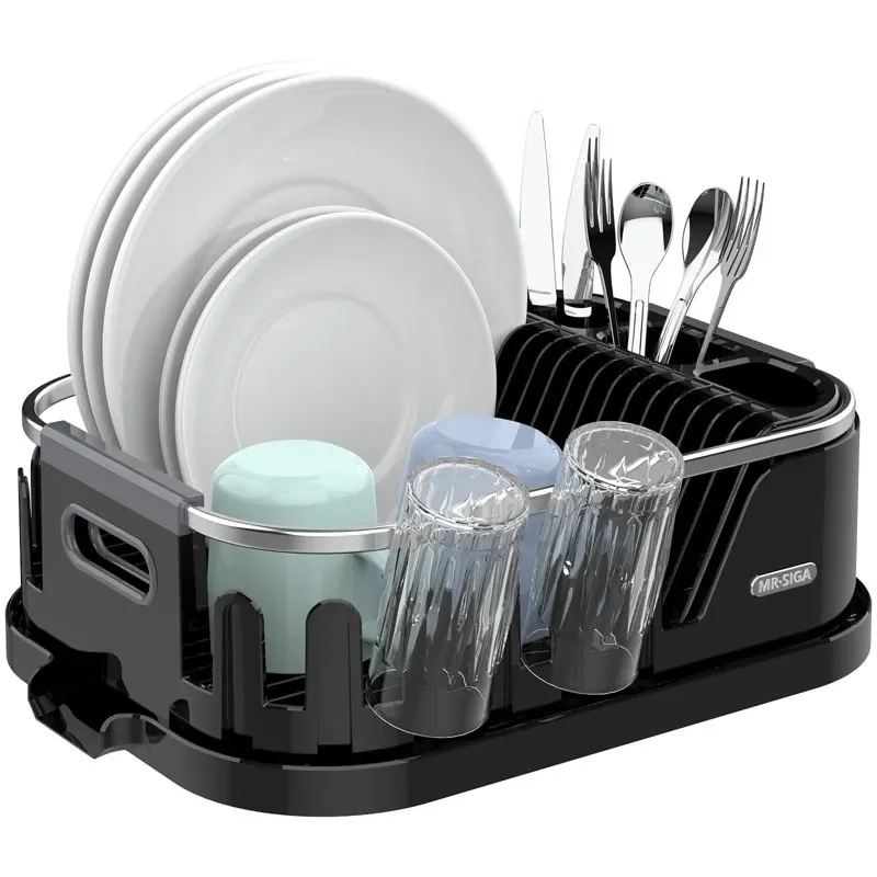 

Dish Drying Rack for Kitchen Counter, Compact Dish Drainer with Drainboard, Utensil Holder and Cup Rack, Black