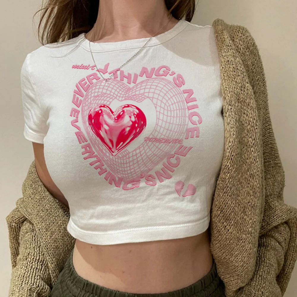 

Aesthetic Heart print streetwear cyber y2k crop top Woman korean fashion kawai goth fairycore cropped