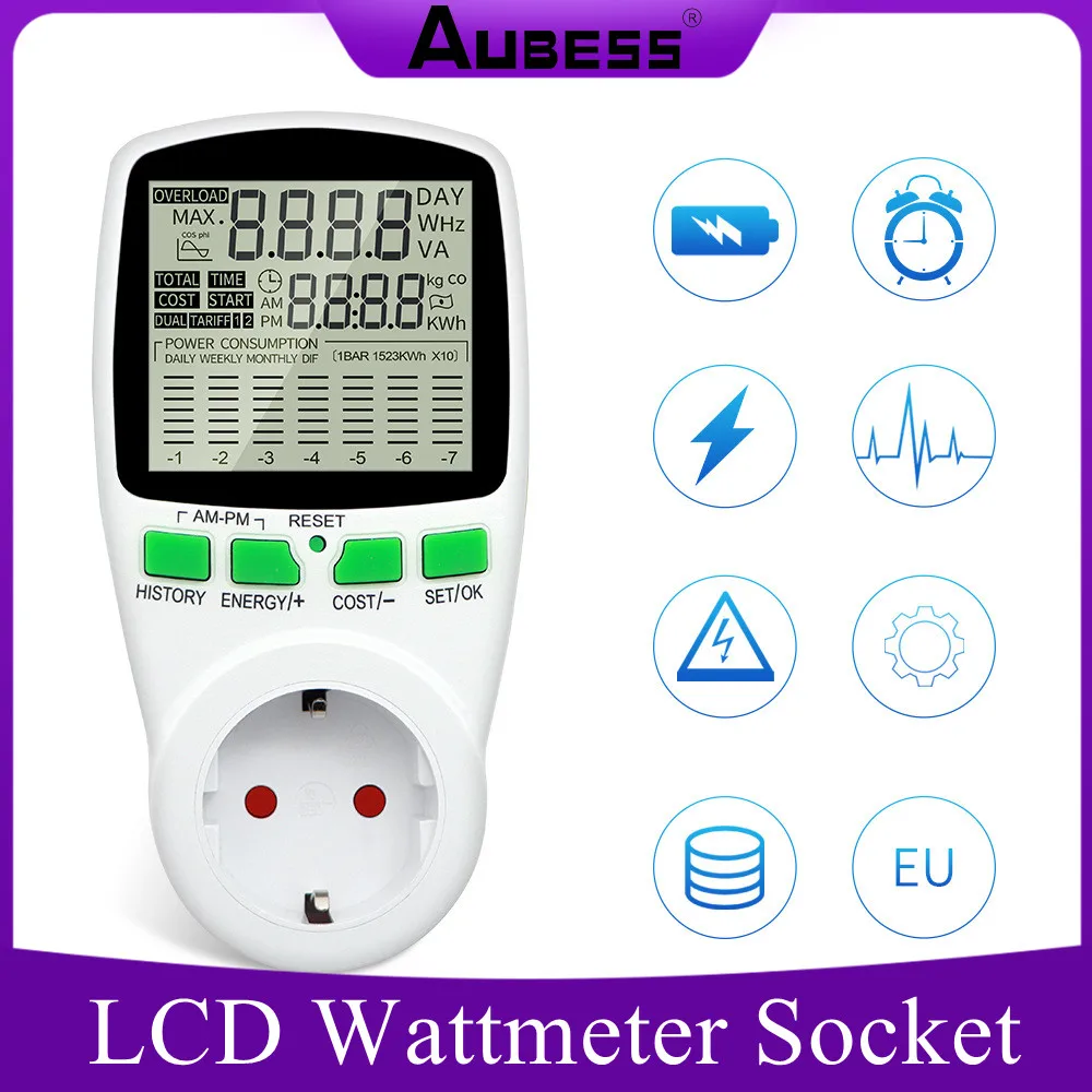 

EU UK US Digital Voltage Wattmeter 220V AC LCD Energy Power Meter Consumption Watt Energy Socket Electricity Analyzer Monitor