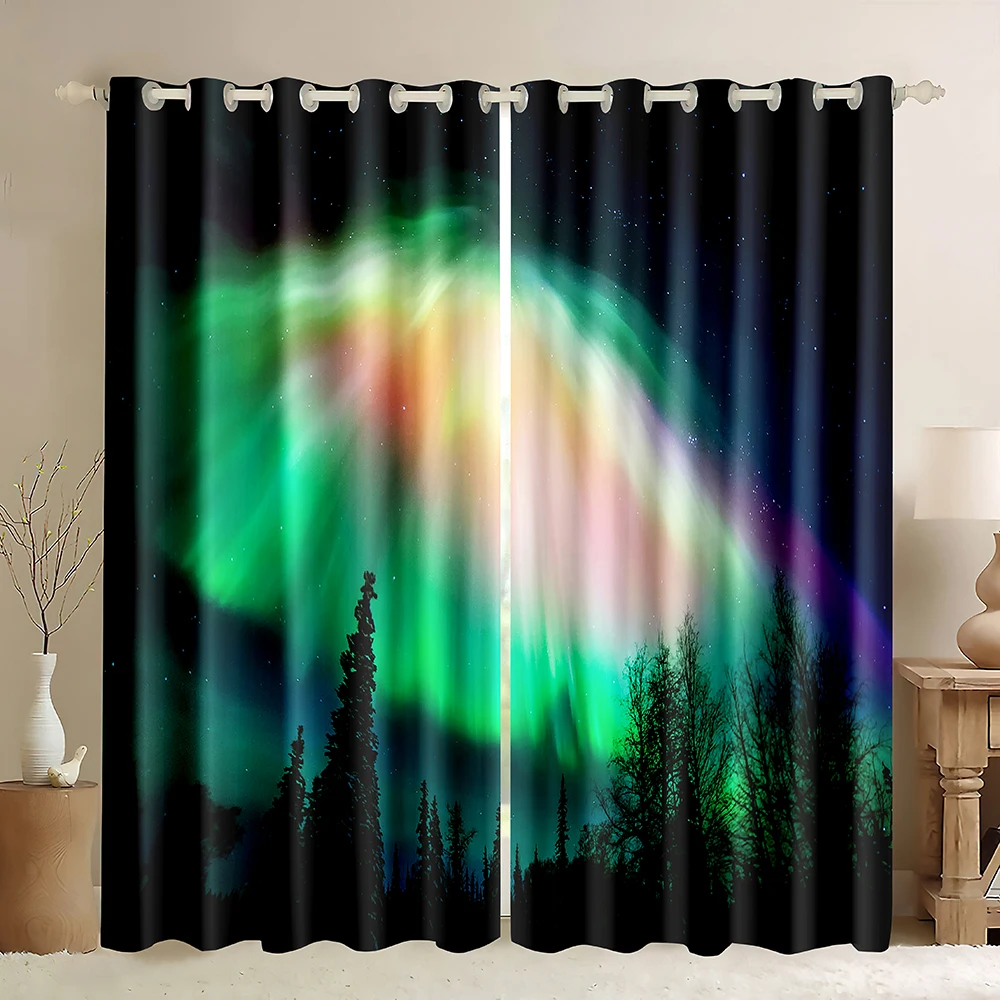 Оконная занавеска Northern Lights фиолетово-зеленая плотная Snow Mountain Reflection Aurora Borealis Forest