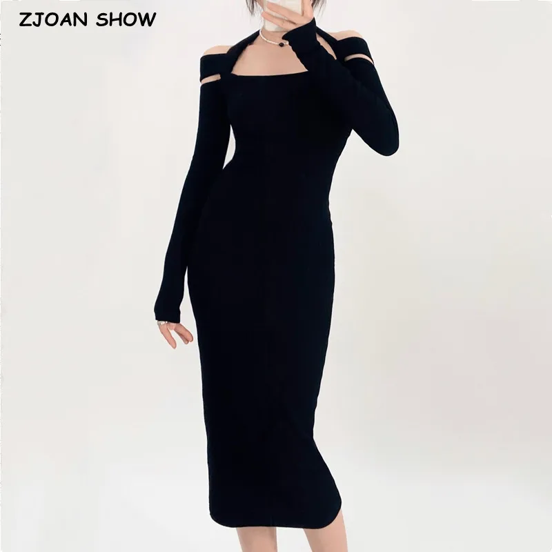 

2023 Sexy Long Sleeve Midi Halter Dress Women Off Shoulder Stretch Basic Bodycon Package Hips Robe Black Coffee Khaki Darkgray
