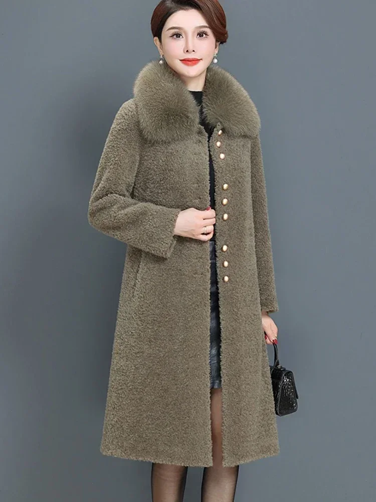 

Модная женская зимняя длинная куртка из верблюжьей овечьей шерсти 100%, пальто с воротником из натурального меха лисы, длинная теплая зимняя верхняя одежда