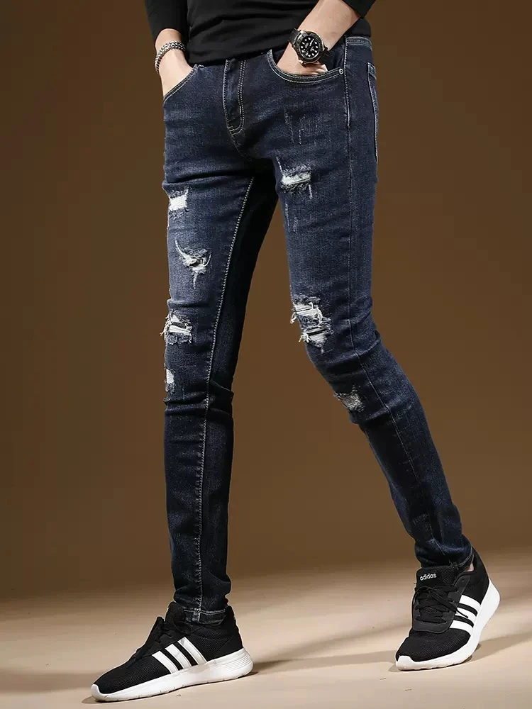 Autumn Men Dark Blue Ripped Jeans Mens Casual Pants Streetwear Fashion Slim Fit Straight Denim Trousers CP1996