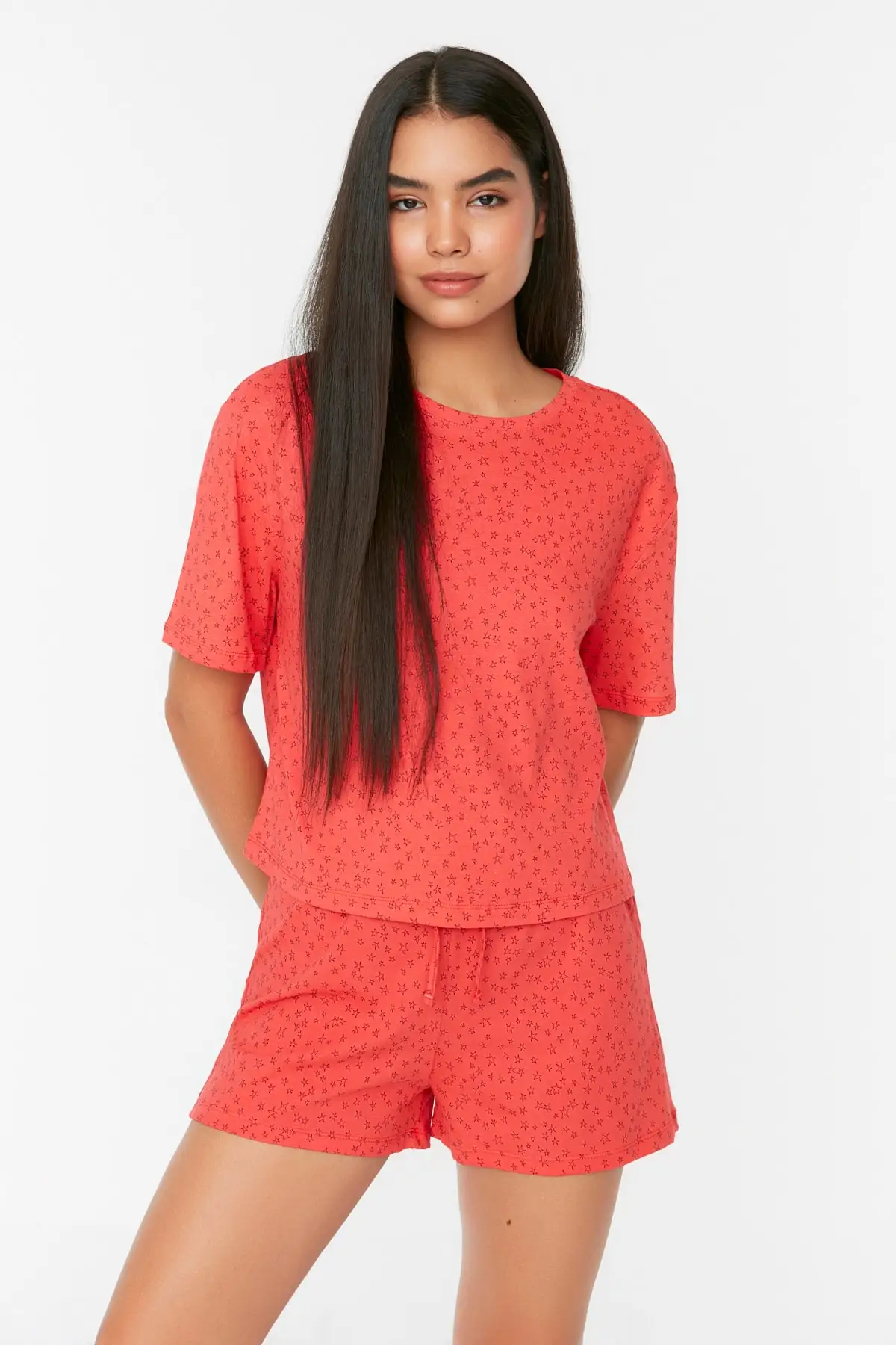 

Women's Pajamas Red Star Knitted Sleep Lounge Pajamas Nightwear Sleepwear Night Suit Casual Home Clothing