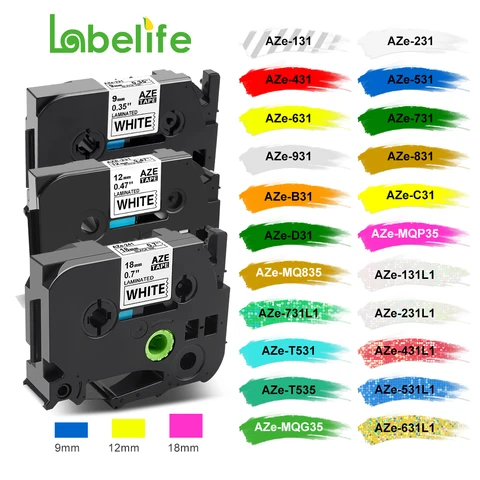 231 241 Лента для этикеток, совместимая с принтером этикеток Brother Лента для этикеток Tze-231, 9/12/18 мм, черный на белом, 231 221, ламинированные ленты